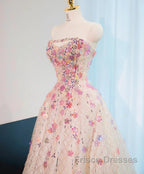 Beautiful Pink Beaded Flowers A-Line Strapless Long Formal Prom Dress Gorgeous Formal Evening Dress