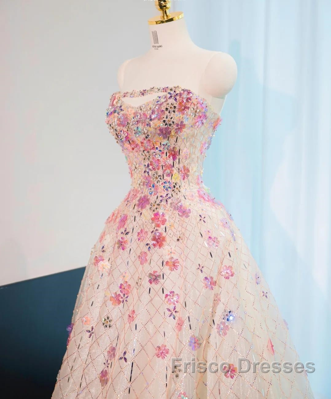 Beautiful Pink Beaded Flowers A-Line Strapless Long Formal Prom Dress Gorgeous Formal Evening Dress