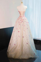 Beautiful Pink Beaded Flowers A-Line Strapless Long Formal Prom Dress Gorgeous Formal Evening Dress