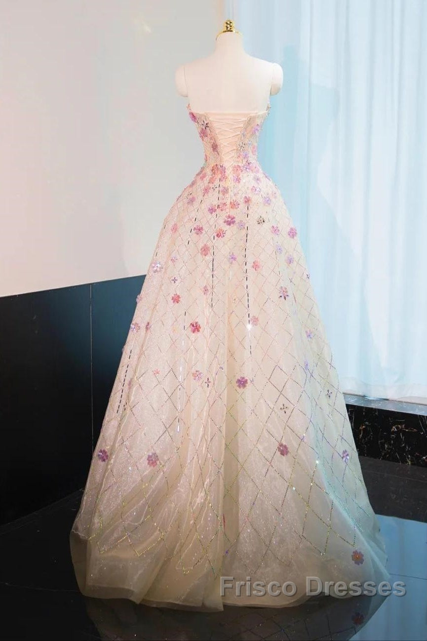 Beautiful Pink Beaded Flowers A-Line Strapless Long Formal Prom Dress Gorgeous Formal Evening Dress