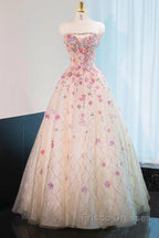 Beautiful Pink Beaded Flowers A-Line Strapless Long Formal Prom Dress Gorgeous Formal Evening Dress