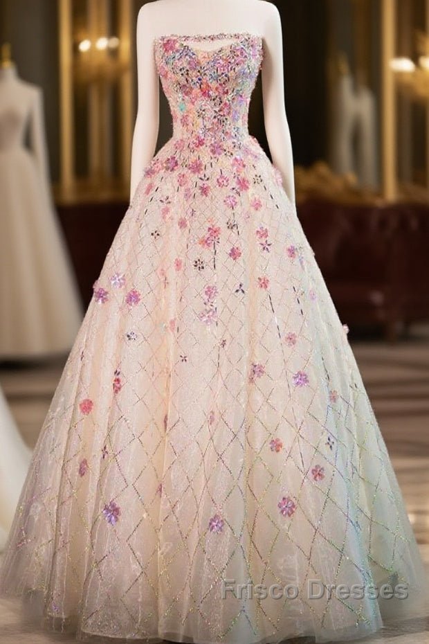 Beautiful Pink Beaded Flowers A-Line Strapless Long Formal Prom Dress Gorgeous Formal Evening Dress Main image