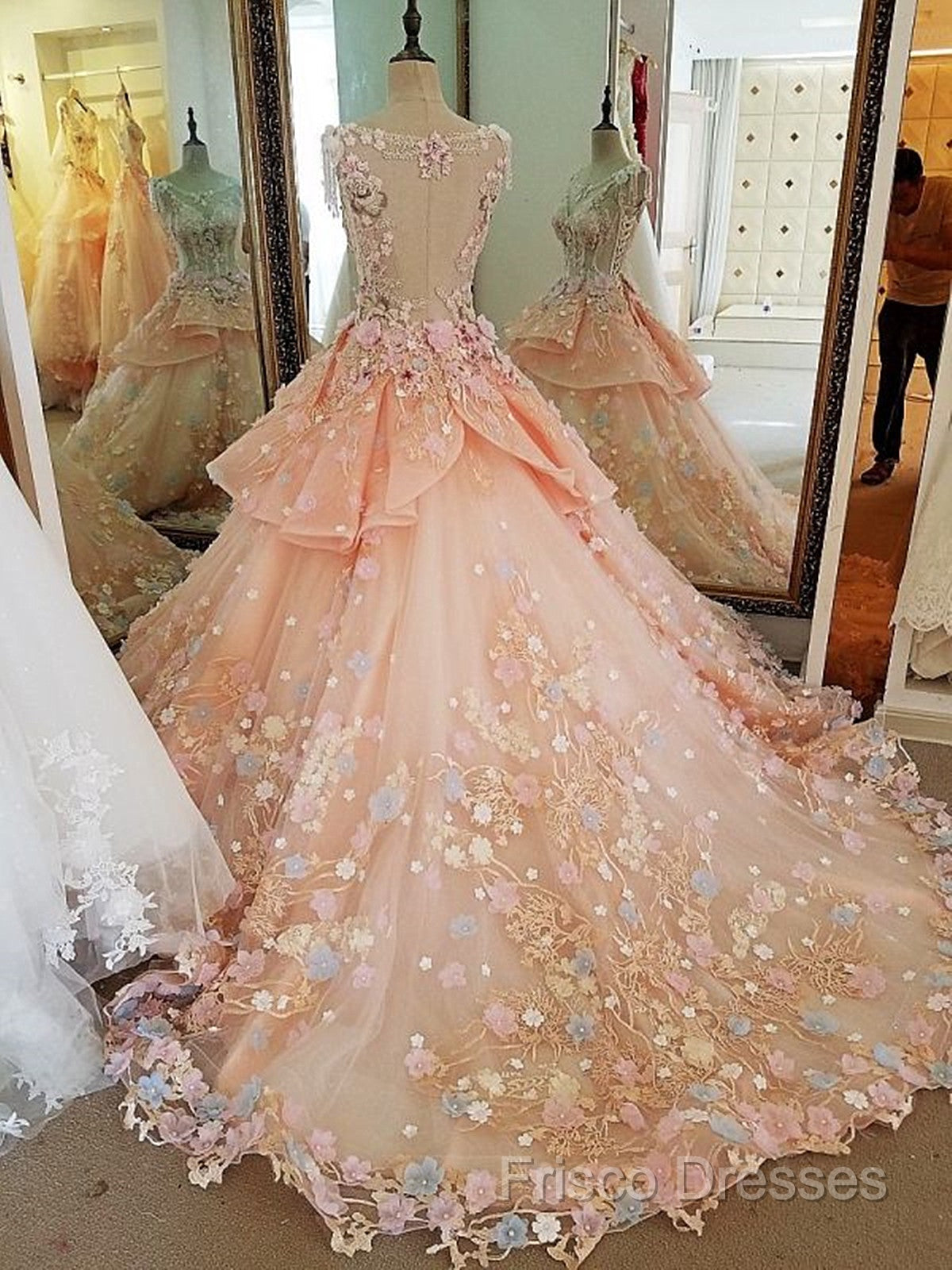 Beautiful Pink Flowers Round Neckline Sweet 16 Dress, Pink Quinceanera Dress