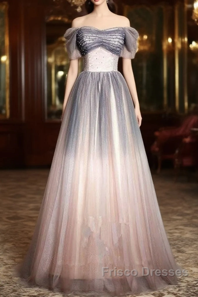 Beautiful Pink Gradient Beaded Sweetheart Long Formal Prom Dress, Tulle Evening Dress