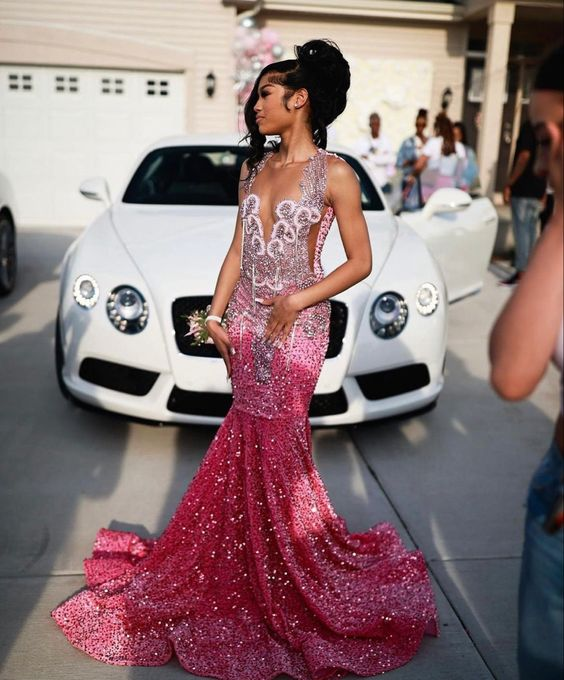 Beautiful Pink Sequin Beaded Mermaid Evening Dress Prom Dress Main image