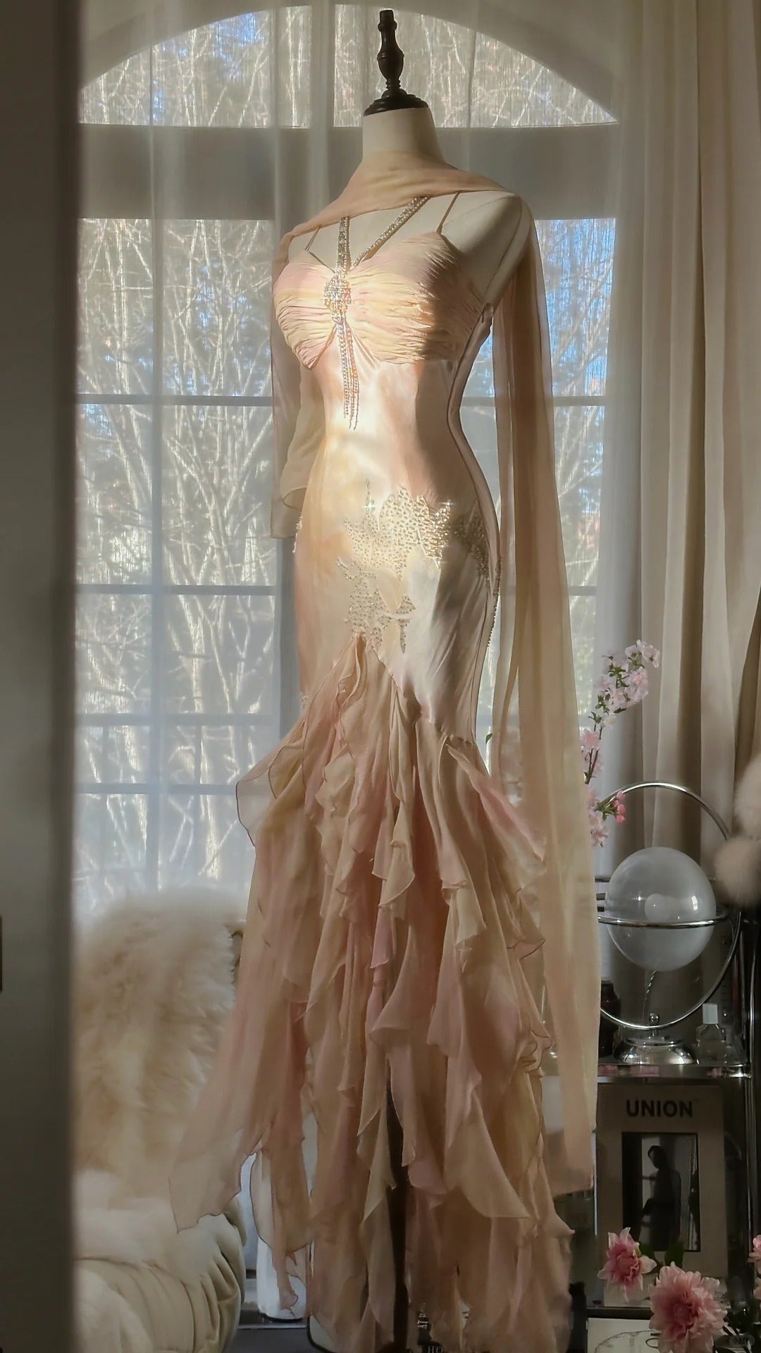 Beautiful Pink Strap Chiffon Irregular Skirt Long Prom Dress