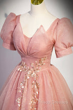 Beautiful Pink Tulle Floor Length Formal Prom Dress, Cute Short Sleeve Formal Dress
