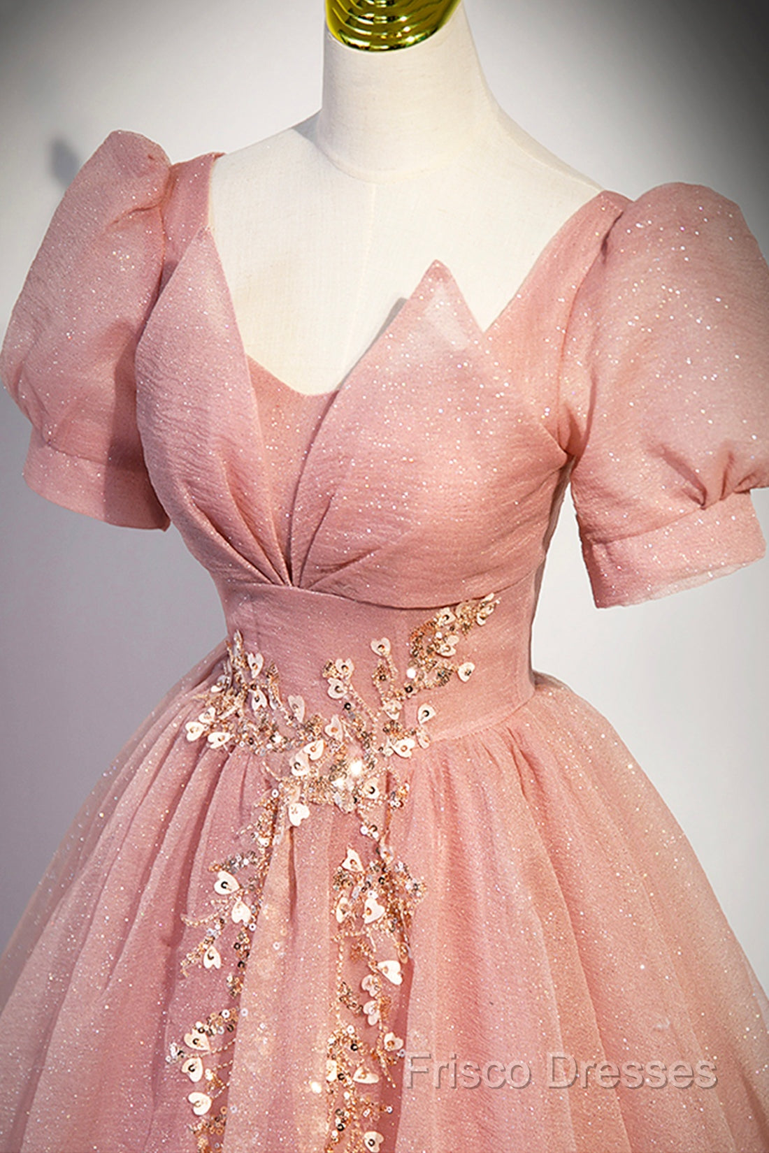 Beautiful Pink Tulle Floor Length Formal Prom Dress, Cute Short Sleeve Formal Dress
