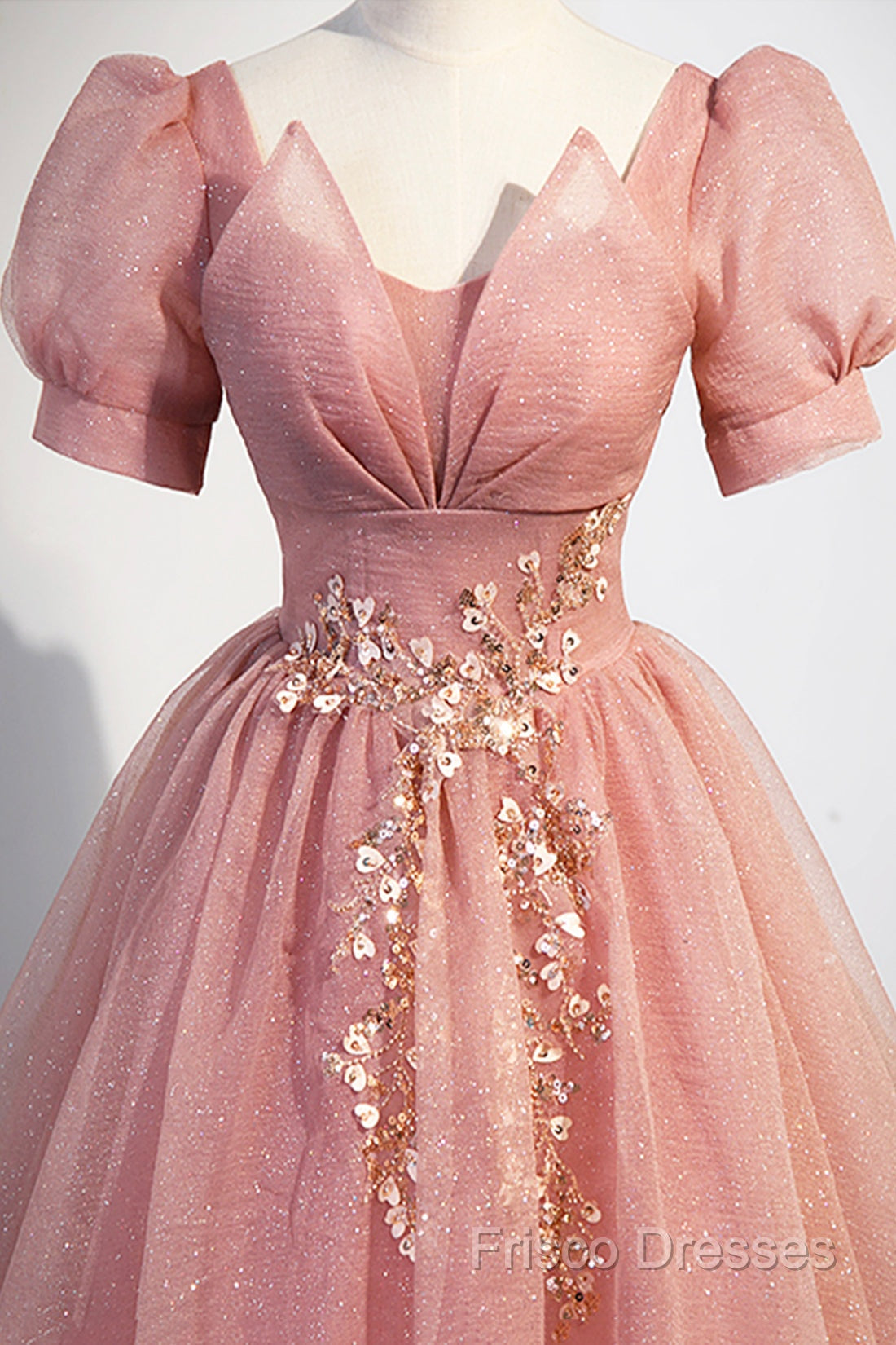 Beautiful Pink Tulle Floor Length Formal Prom Dress, Cute Short Sleeve Formal Dress