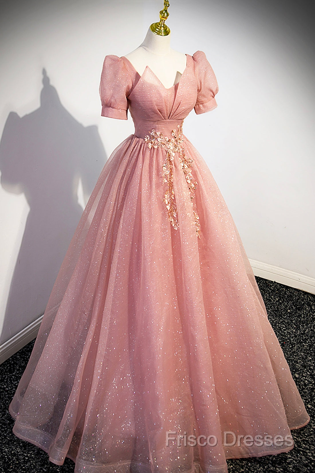 Beautiful Pink Tulle Floor Length Formal Prom Dress, Cute Short Sleeve Formal Dress