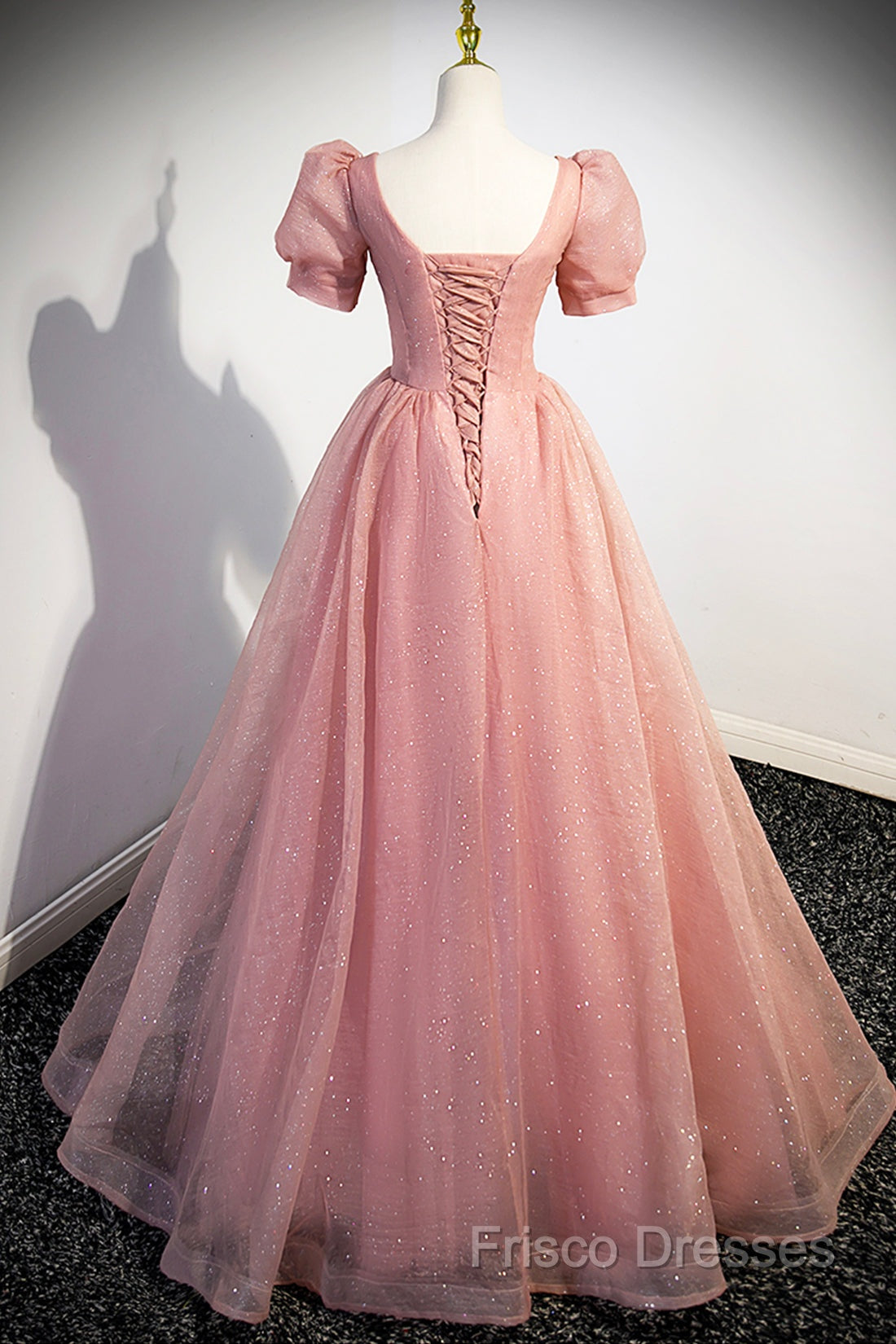 Beautiful Pink Tulle Floor Length Formal Prom Dress, Cute Short Sleeve Formal Dress