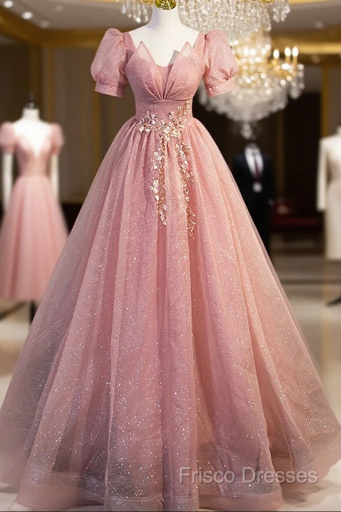 Beautiful Pink Tulle Floor Length Formal Prom Dress, Cute Short Sleeve Formal Dress Main image