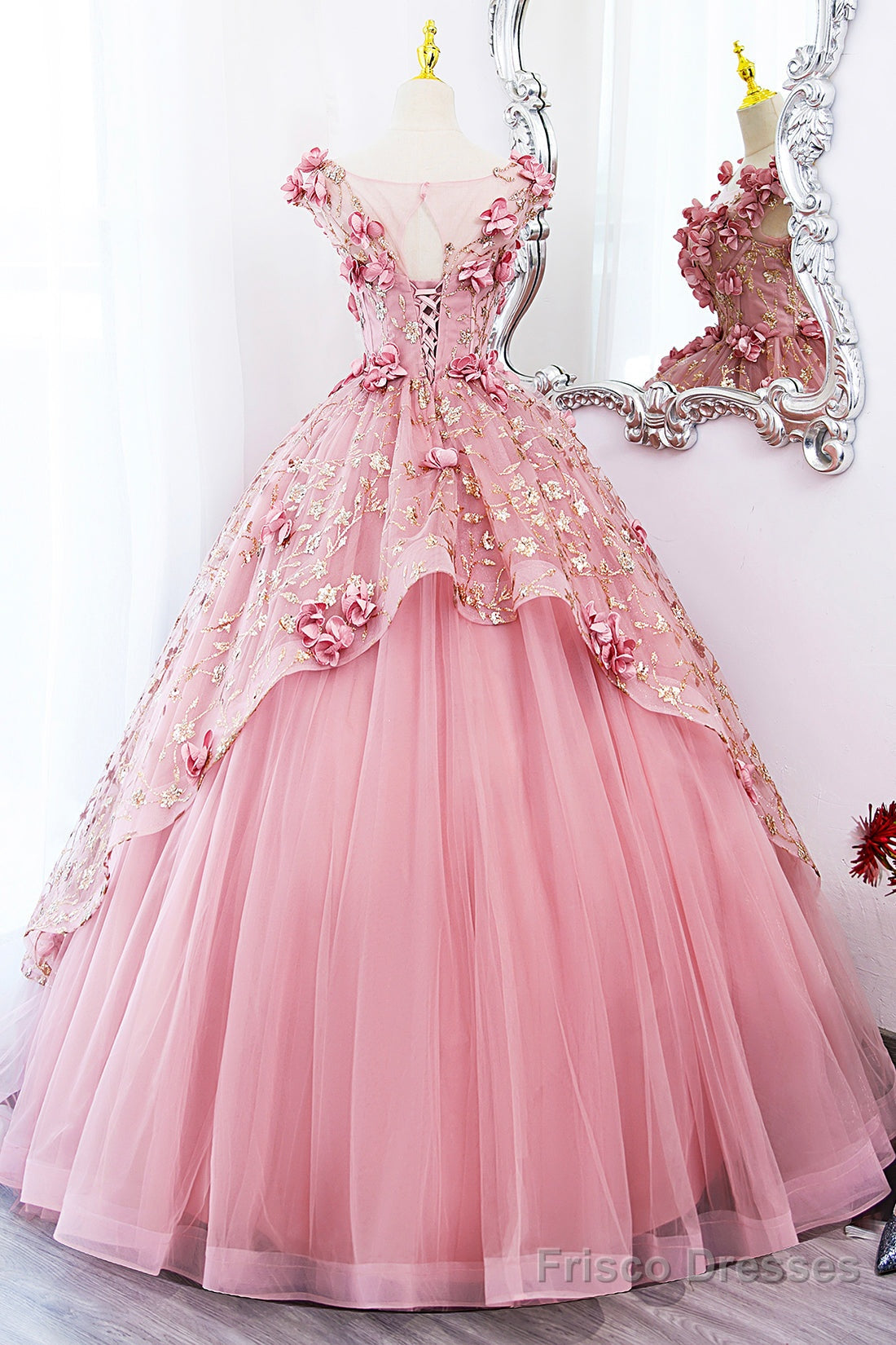 Beautiful Pink Tulle Long Prom Dress With Flowers, Lovely Tulle Sweet 16 Dress