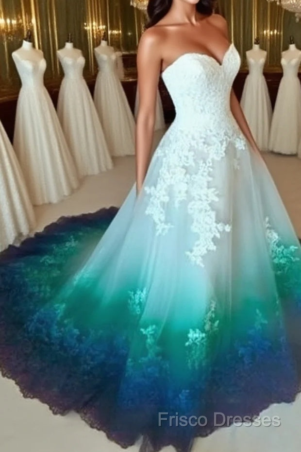 Beautiful Formal Prom Dress A-Line Sweetheart Ombre Lace Elegant Long Formal Prom Dress