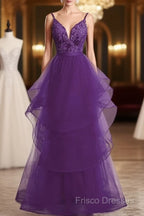 Beautiful Purple Tulle Layers With Lace Long Formal Dress, Purple Formal Prom Dress Party Dress