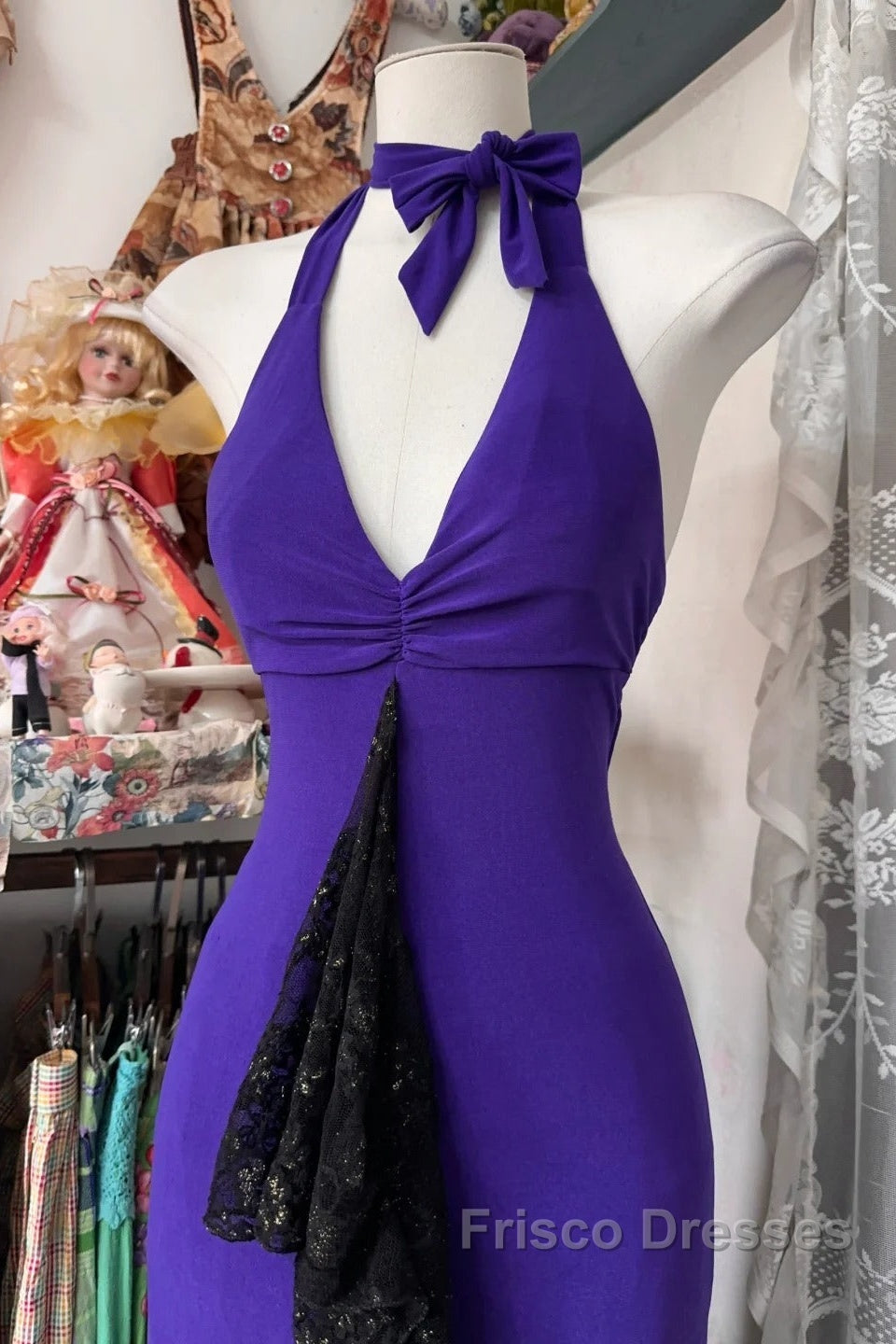 Beautiful Purple V-Neck Lace Mermaid Long Formal Prom Dress Backless Birthday Party Dress