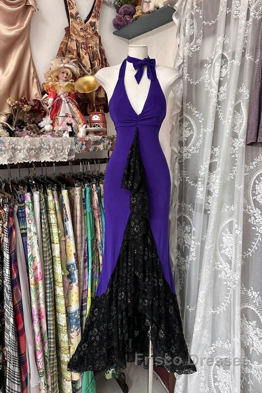 Beautiful Purple V-Neck Lace Mermaid Long Formal Prom Dress Backless Birthday Party Dress