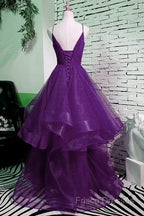 Beautiful Purple V-Neckline Straps Layers Tulle Party Gown, Purple Formal Dress