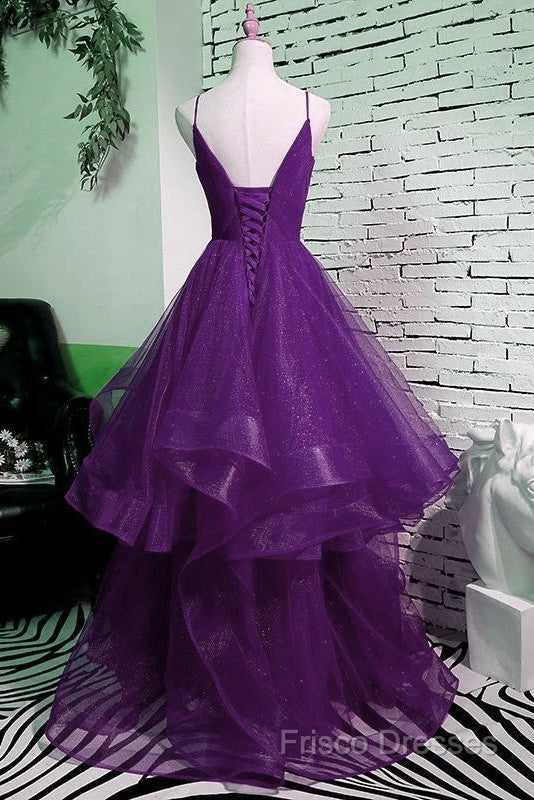 Beautiful Purple V-Neckline Straps Layers Tulle Party Gown, Purple Formal Dress