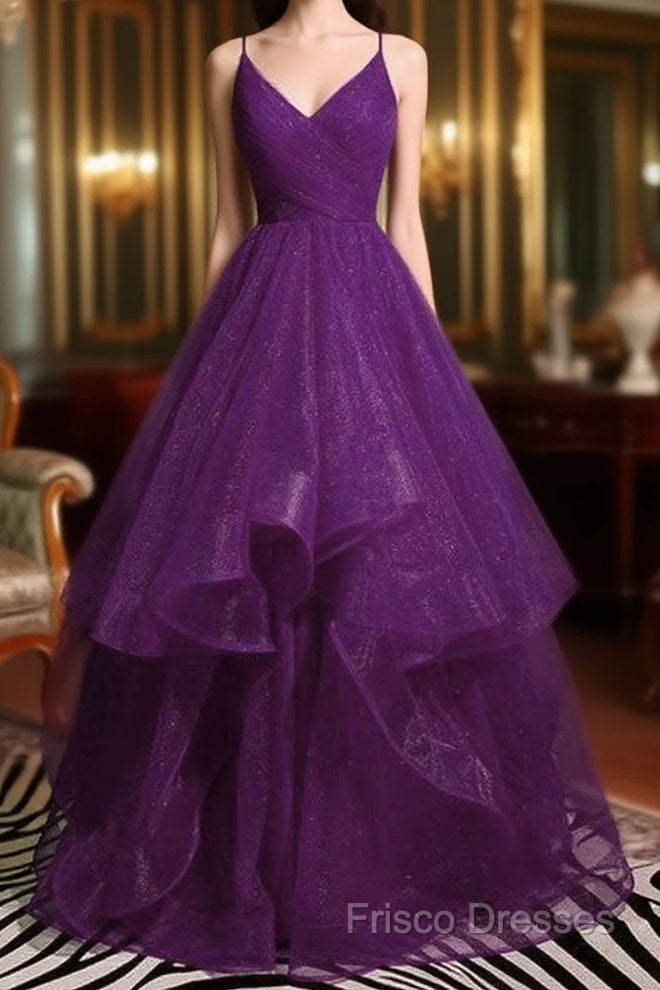 Beautiful Purple V-Neckline Straps Layers Tulle Party Gown, Purple Formal Dress Main image