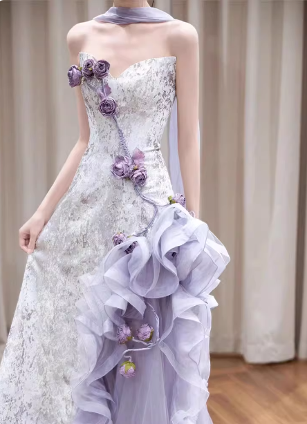 Beautiful Purple-White Gradient Strapless 3D Floral Tulle Satin Long Prom Dress Evening Dress Secondary image