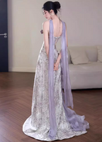 Beautiful Purple-White Gradient Strapless 3D Floral Tulle Satin Long Prom Dress Evening Dress