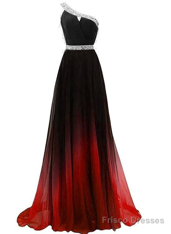 Beautiful Red And Black Long Party Dress, Gradient One Shoulder Prom Dress Main image