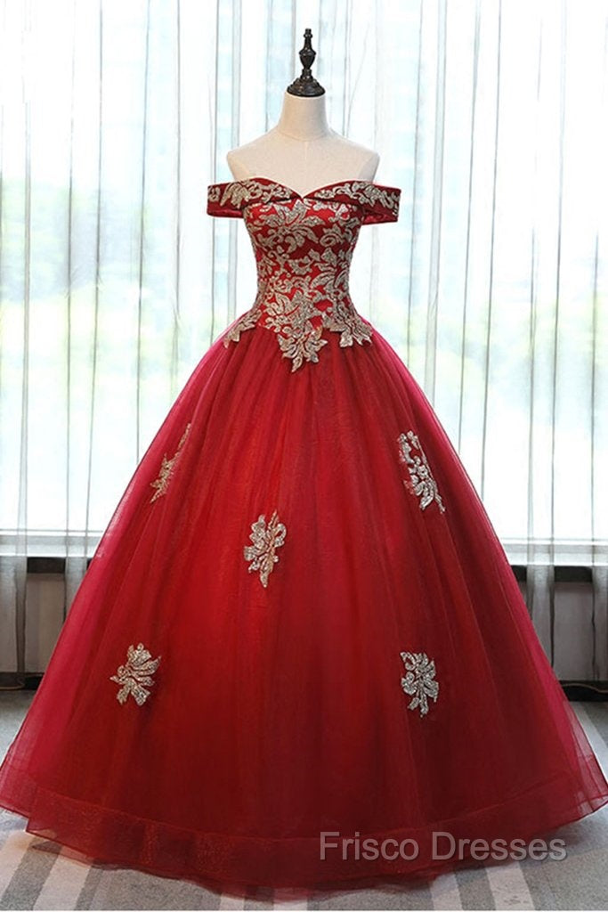 Beautiful Red Off Shoulder Long Sweet 16 Dress With Gold Lace Top, Party Dress Secondary image