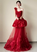 Beautiful Red One-Shoulder Strapless 3D Floral Layered Tiered Tulle Long Prom Dress Evening Dress