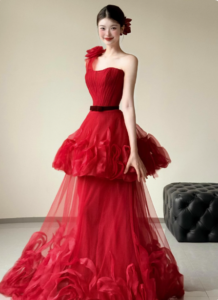 Beautiful Red One-Shoulder Strapless 3D Floral Layered Tiered Tulle Long Prom Dress Evening Dress