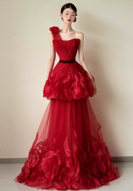Beautiful Red One-Shoulder Strapless 3D Floral Layered Tiered Tulle Long Prom Dress Evening Dress Main image