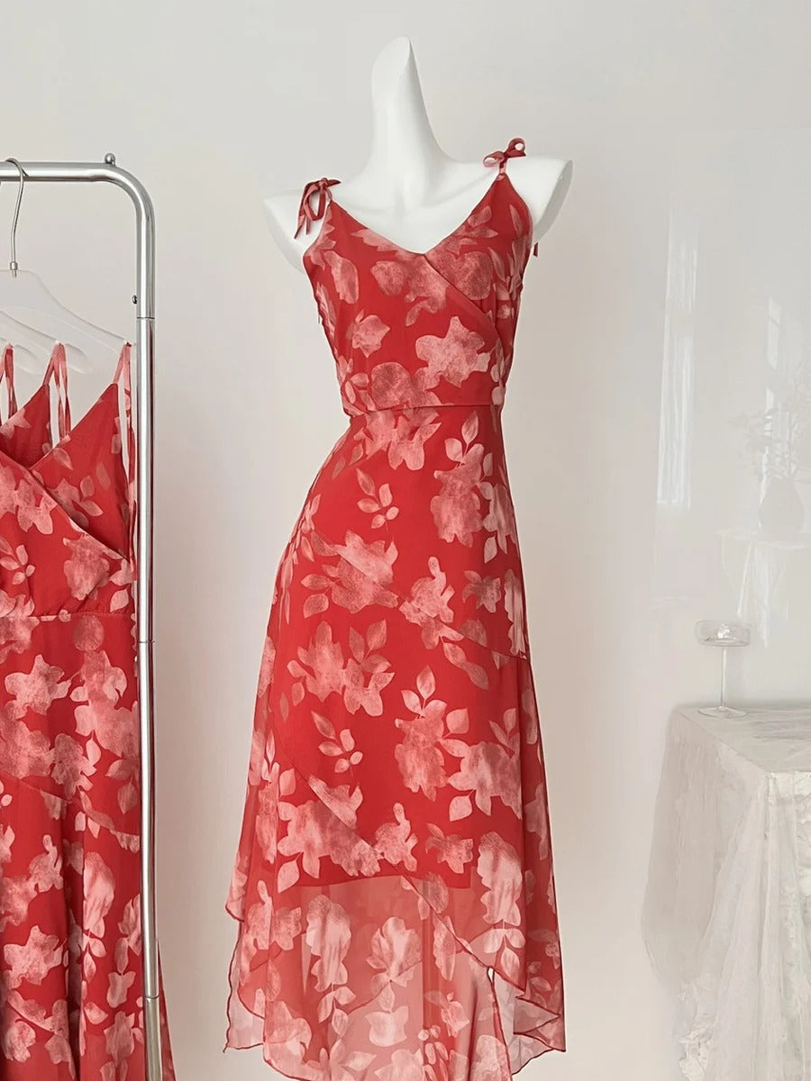 Beautiful Red Printed A-Line V-Neck Bow-Strap Chiffon Long Prom Dress Main image