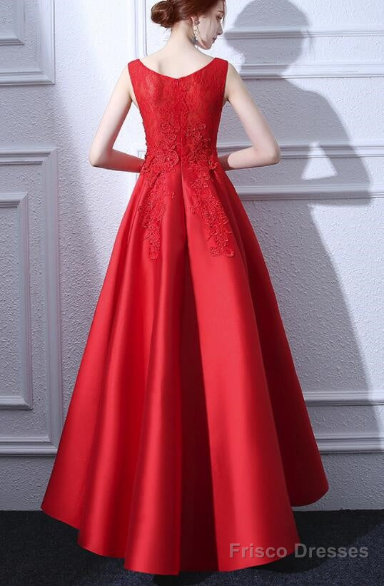 Beautiful Red Satin And Lace High Low Round Neckline Party Dress, Red Party Dress, Red Homecoming Dresses Secondary image