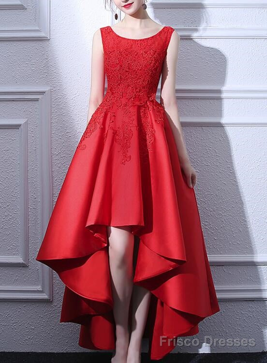 Beautiful Red Satin And Lace High Low Round Neckline Party Dress, Red Party Dress, Red Homecoming Dresses Main image