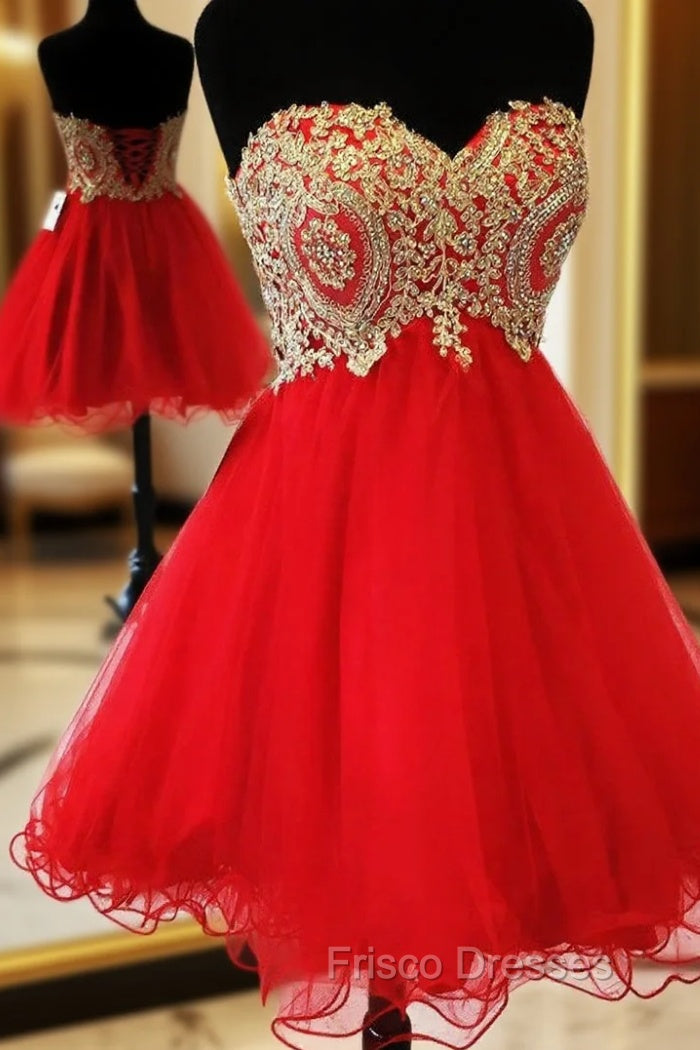 Beautiful Red School Homecoming Dress Sweetheart Gold Applique