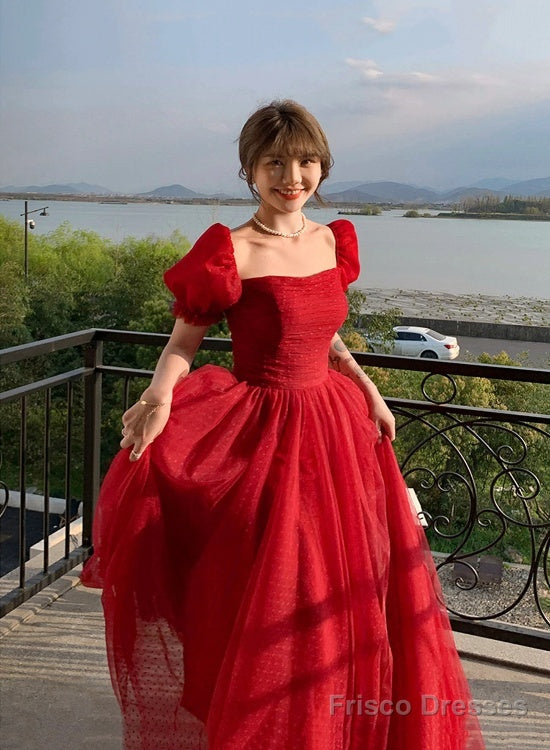 Beautiful Red Short Sleeves Tulle Prom Dress Party Dress, Red Evening Gown Formal Dresses Main image