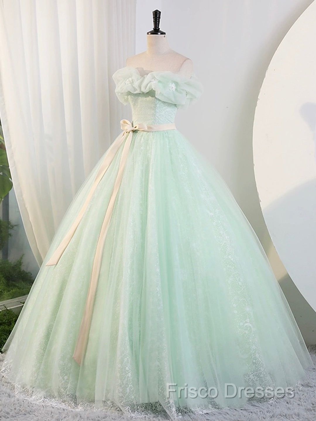Beautiful Sage Green Tulle Floor Length Formal Prom Dress, A-Line Off The Shoulder Formal Part Dress