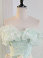 Beautiful Sage Green Tulle Floor Length Formal Prom Dress, A-Line Off The Shoulder Formal Part Dress