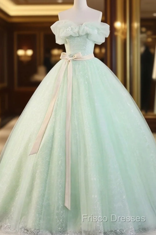 Beautiful Sage Green Tulle Floor Length Formal Prom Dress, A-Line Off The Shoulder Formal Part Dress Main image