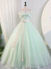 Beautiful Sage Green Tulle Floor Length Prom Dresses, A-Line Off The Shoulder Evening Part Dresses