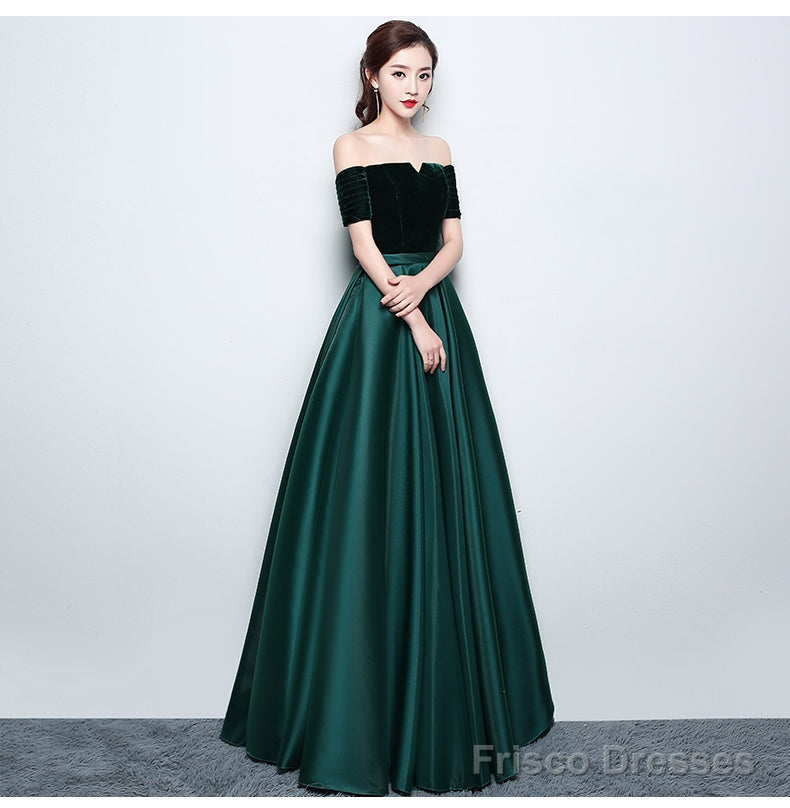 Beautiful Satin And Velvet Long Party Dress, Simple Off Shoulder Prom Dress Secondary image