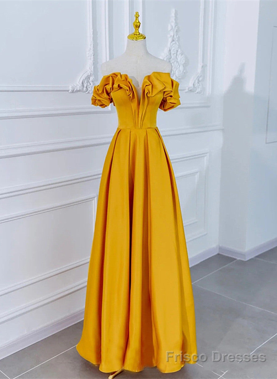 Beautiful Satin Dark Yellow Off Shoulder Party Dress, A-Line Satin Prom Dress Main image