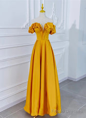 Beautiful Satin Dark Yellow Off Shoulder Party Dress, A-Line Satin Prom Dress