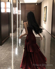 Beautiful Satin Long Mermaid Straps Evening Dress Formal Dress, Wine Red Satin Prom Dress