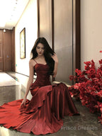 Beautiful Satin Long Mermaid Straps Evening Dress Formal Dress, Wine Red Satin Prom Dress