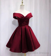 Beautiful Satin Off Shoulder Lace-Up Knee Length Bridesmaid Dress , Short Homecoming Dress
