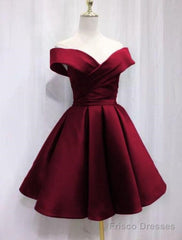 Beautiful Satin Off Shoulder Lace-Up Knee Length Bridesmaid Dress , Short Homecoming Dress