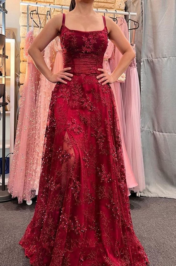 Beautiful Satin Spaghetti Straps Lace Appliques Prom Dress Evening Dress Secondary image