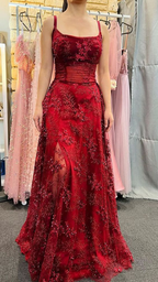 Beautiful Satin Spaghetti Straps Lace Appliques Prom Dress Evening Dress