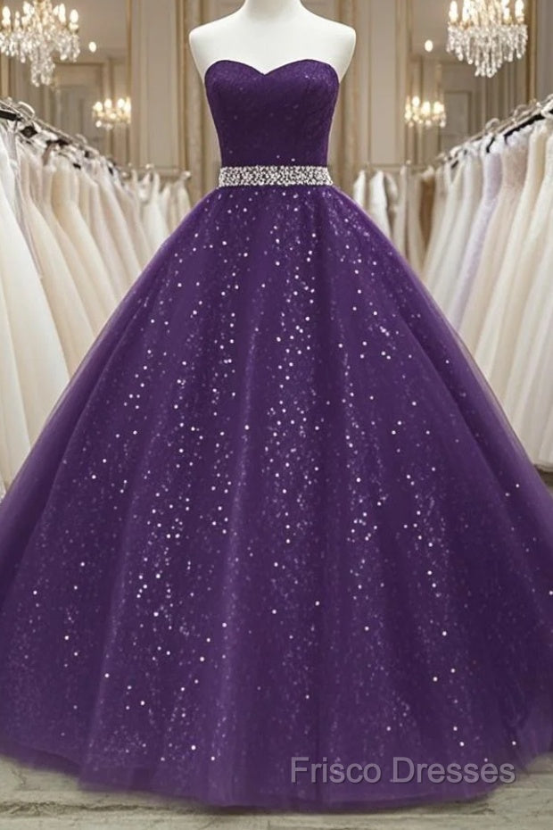 Beautiful Shiny Purple Tulle Beaded Ball Gonw Party Dress, Purple Formal Prom Dress Main image